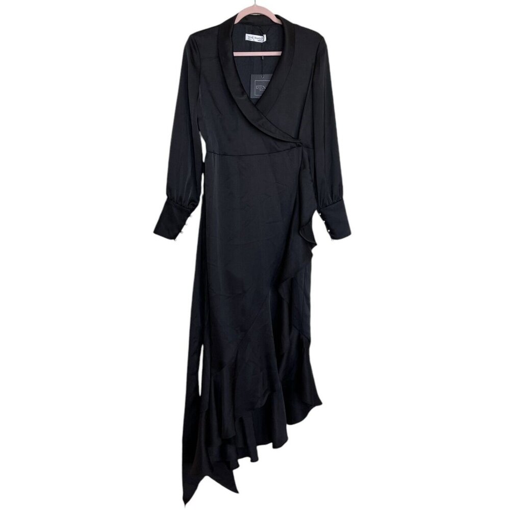 Mac Duggal Dress Gown Size 2 Black Satin Wrap Long Sleeve V Neck 12506 $398